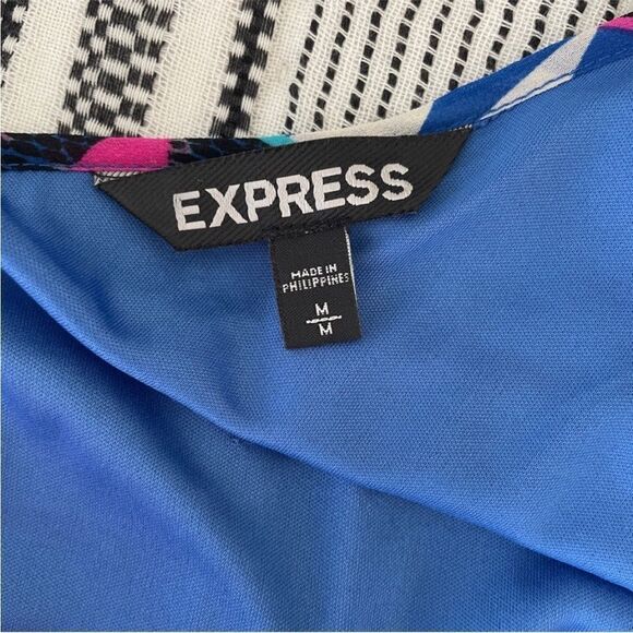 Express Sleeveless Pleated Mini Dress sz Medium Geometric Pink Blue Flowy Swing - Picture 4 of 12